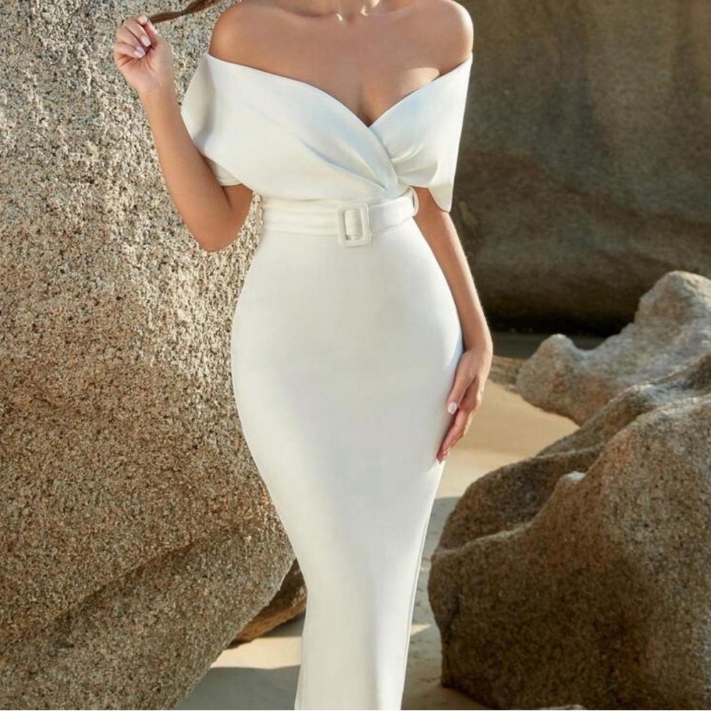 Elegant Off-Shoulder White midi Dress with belt.